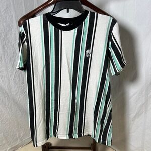 WXYZ Shirt Mens Medium Skull‎ Black White Green Striped Short Sleeve